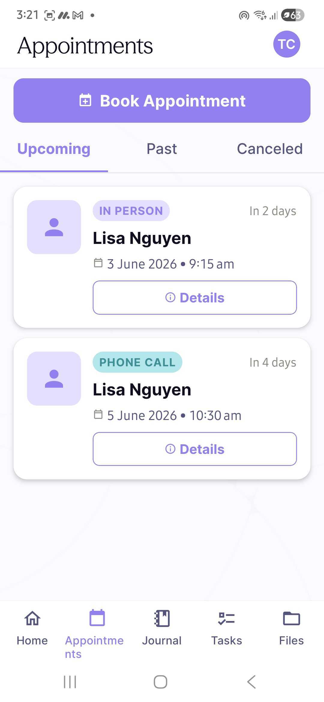 Appointments screen showing upcoming sessions