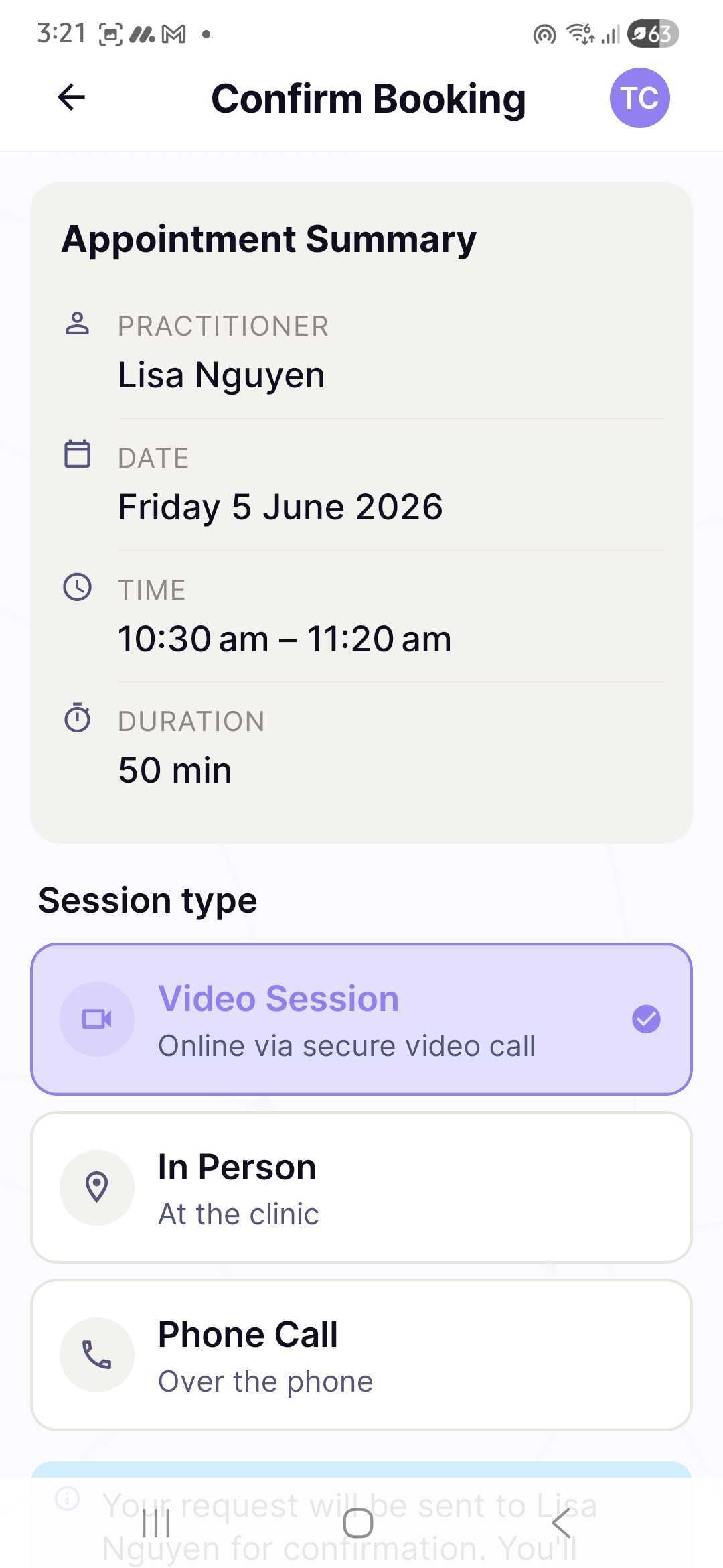 Booking screen showing session confirmation