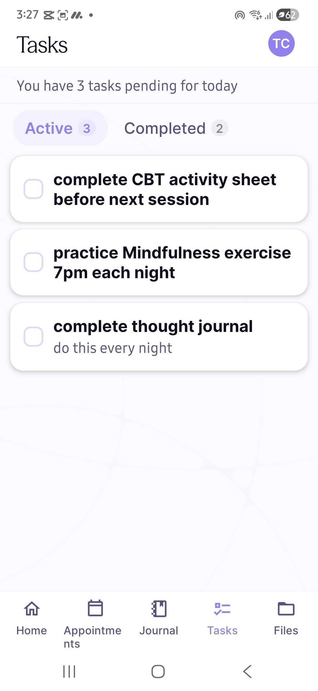 Tasks screen showing clinician-assigned activities
